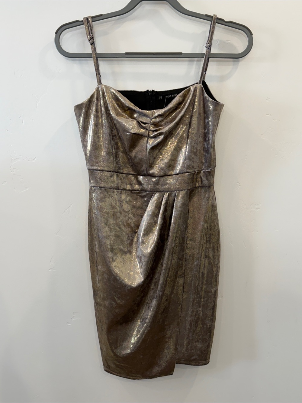 Zara Metallic Gold Bronze Mini Dress with Draped Detail